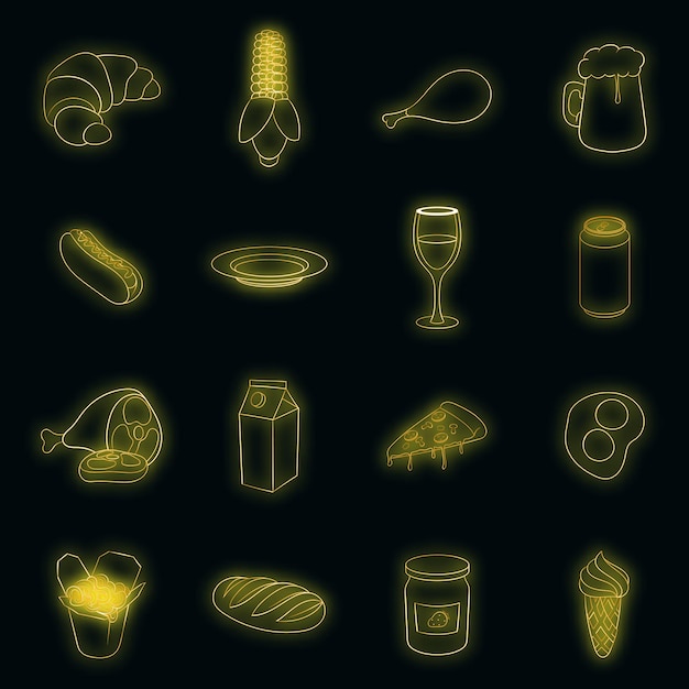 Food icons set in neon style. Fast food set collection vector illustration