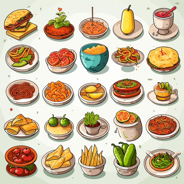 Vector food icons set of various colorful cartoon food