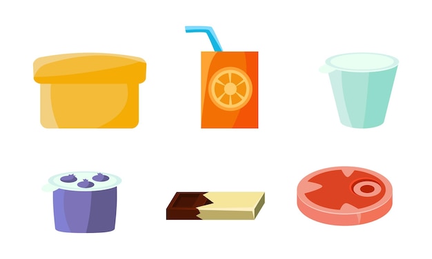 Пищевые иконки устанавливают йогурт, апельсиновый сок, шоколад, пластиковый контейнер, векторная иллюстрация, изолированная на белом фоне