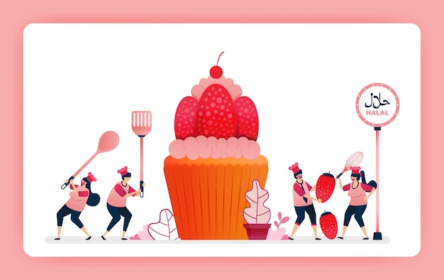 Vector food illustration of cook halal sweet strawberry cupcakes.