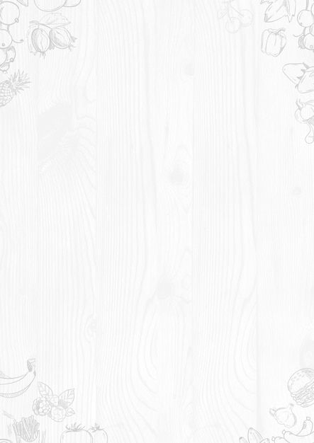 木製の背景に描かれた食料品のイラスト