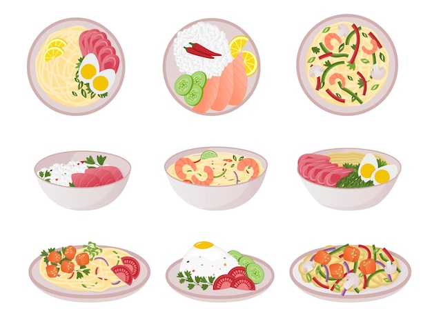그릇에 음식 아시아 만화 국수 쌀과 매운 식사 전통 일본 및 중국 음식 벡터 세트
