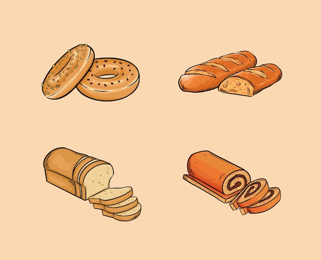 음식에는 베이글, 바게트, 빵 및 빵 롤이 포함됩니다.