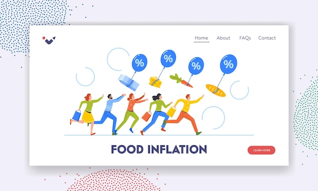 Vector food inflation landing page template consumer characters chase grocery floating with air balloons price index rise up