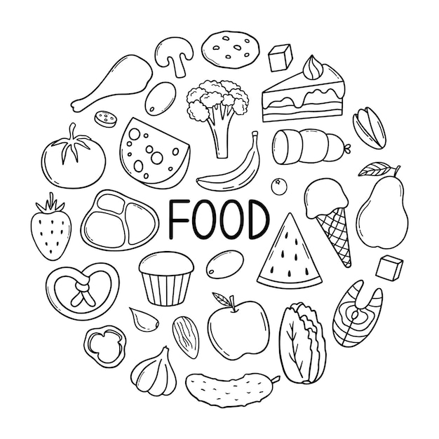 Food ingredient doodle set Fruits vegetables sweets bakery fast food in sketch style