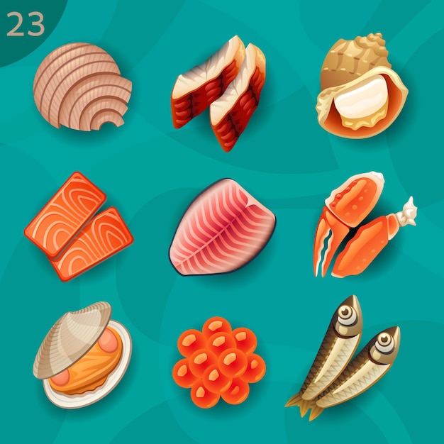 Food ingredientsvector icon set 23 Seafood