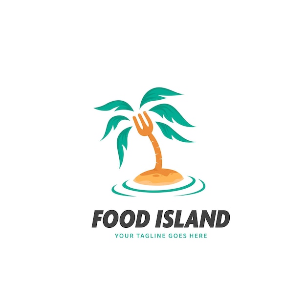 Food Island logo icoon met vork als palmboom op geïsoleerd eiland