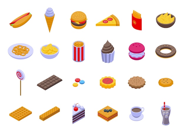 Food junk icons set isometric vector Fast snack