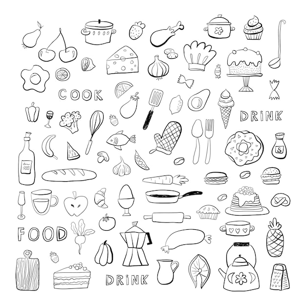 Vector food kitchen doodles hand drawn sketchy symbols