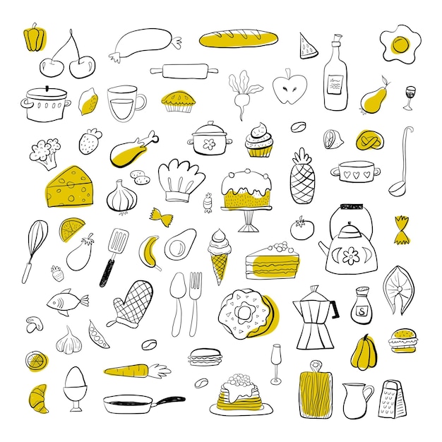 Food kitchen doodles hand drawn sketchy symbols