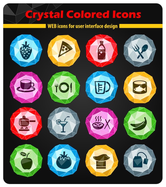 Food and kitchen icons on bright colored buttons crystals