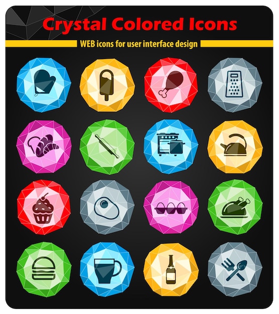 Food and kitchen icons on colored buttons crystals