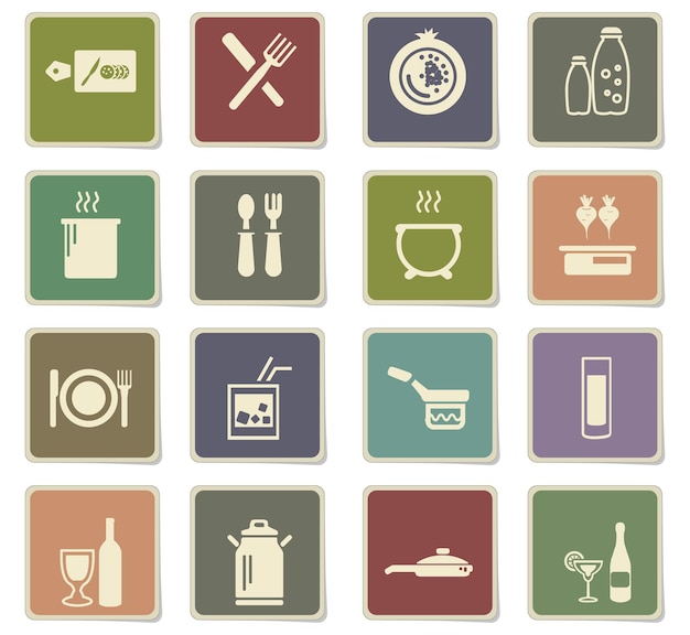 Vector food and kitchen icons on paper stickers