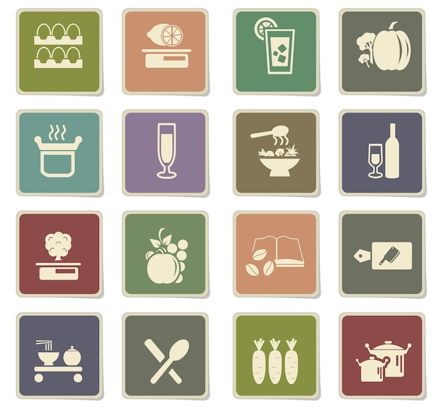 Food and kitchen icons on paper stickers