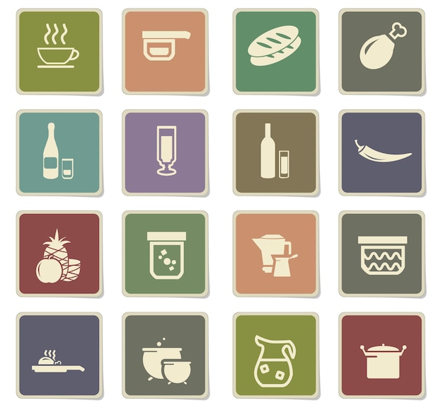 Food and kitchen icons on paper stickers