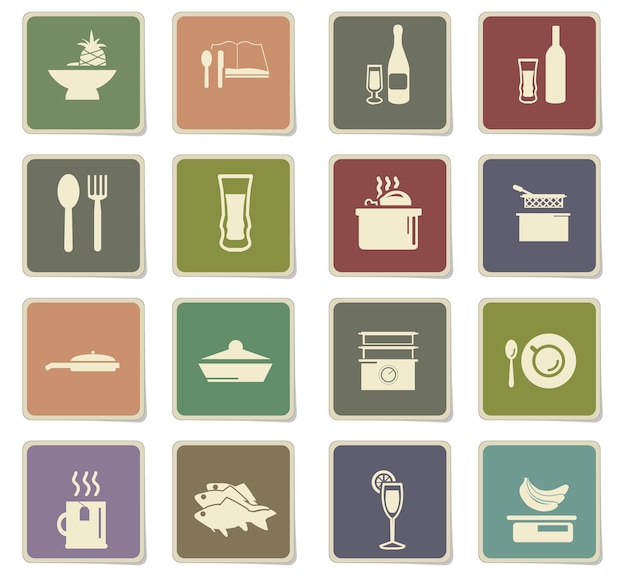 Vector food and kitchen icons on square paper stickers with shadow