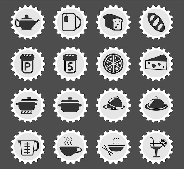 Vector food and kitchen symbols on a round postage stamp stylized icons