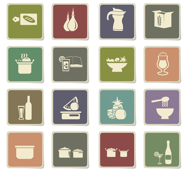 Food and kitchen vector icons on cardboard labels