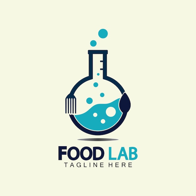 Food Lab logo vector icon illustration design template. lab logo.Lab test tube with spoon and fork.