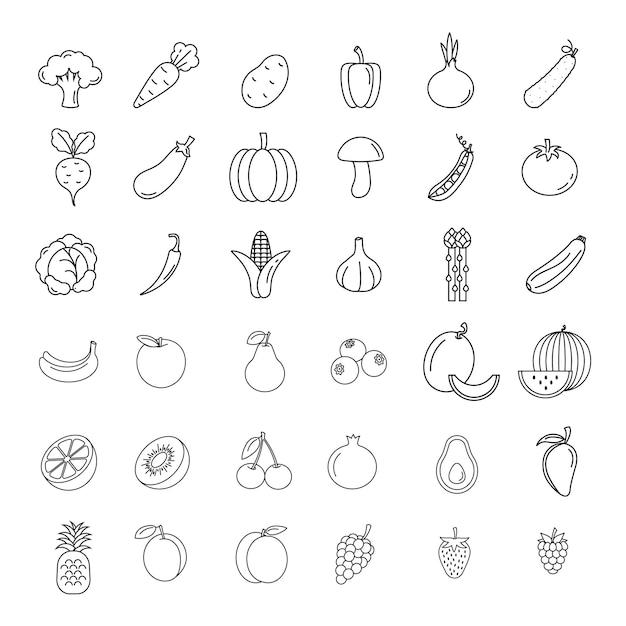 Food line icon set vegetables and fruit black and white