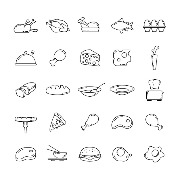 Food line icon set with cheese pizza meat chicken