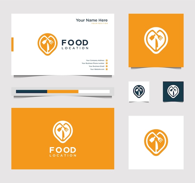 Дизайн логотипа местоположения продуктов питания и символ вилки для визитных карт