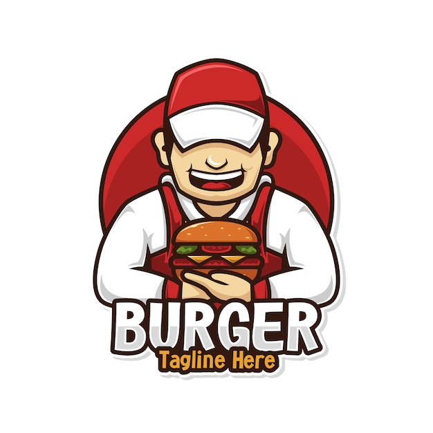 Uomo di chef logo cibo con mascotte hamburger