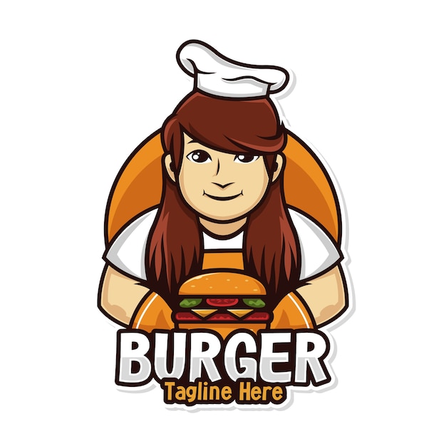 Uomo di chef logo cibo con mascotte hamburger