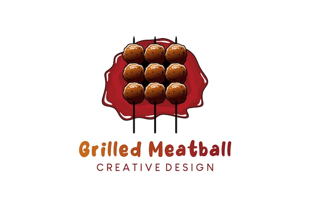 Дизайн логотипа еды фрикадельки на гриле или логотип сатай на гриле