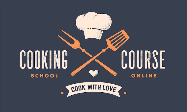 식품 로고. 아이콘 바베큐 도구, 그릴 포크, 주걱, 모자 요리사, 텍스트 타이포그래피 Coocking Course가있는 요리 학교 수업 로고.