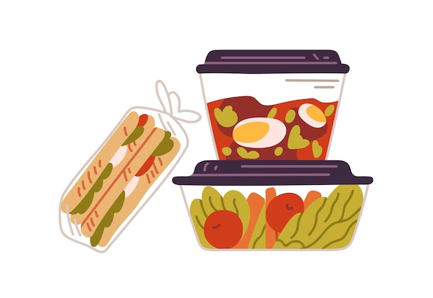 Food in lunch boxes with lids. Healthy dishes, meals and snacks packed in lunchbox containers and bags. Soup, vegetables, vegetarian eating and sandwich. Flat vector illustration isolated on white.