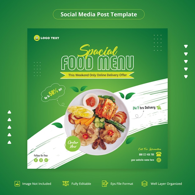 음식 메뉴 및 온라인 배달 제공 소셜 미디어 포스트 배너 템플릿
