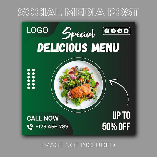 Post sui social media del banner del menu del cibo. modelli di social media modificabili per le promozioni nel menu cibo.