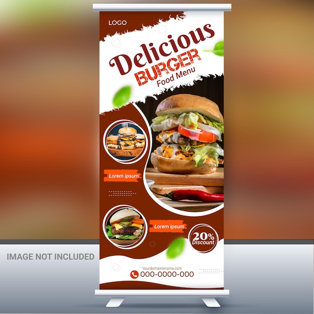 Vector food menu burger roll up banner design and restaurant roll up banner design template