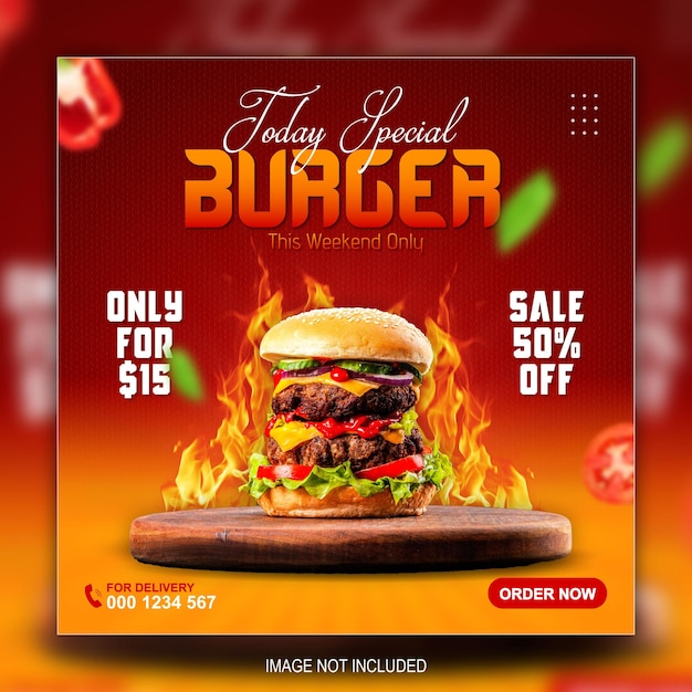 Food menu and delicious burger sale social media promotion template