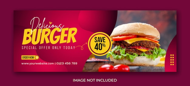 Menu di cibo e deliziosi hamburger sui social media facebook cover banner template design