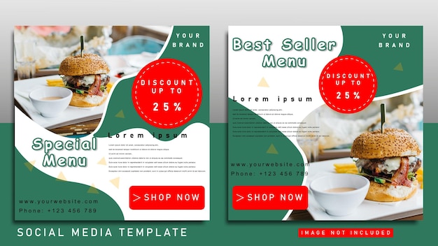 Vector food menu and delicious burger social media promotion and instagram post template design