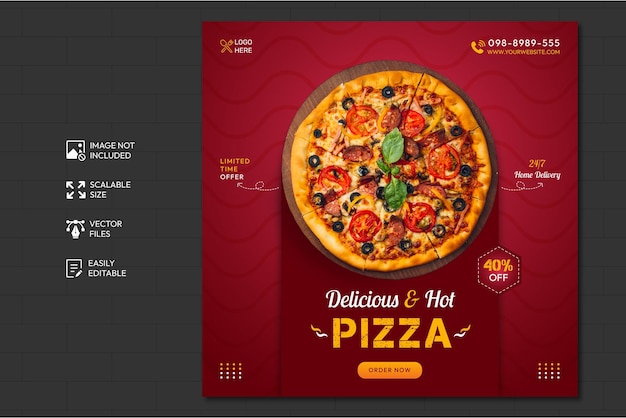 Menu del cibo e deliziosa pizza modello di banner sui social media