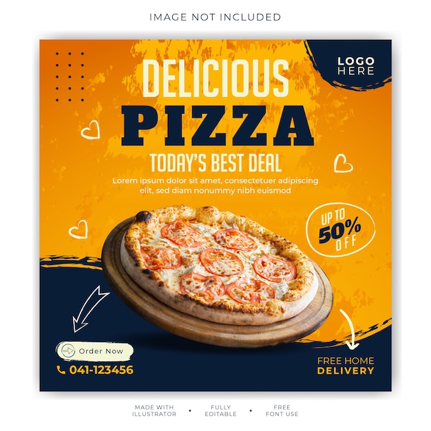 Food menu and delicious pizza social media banner template