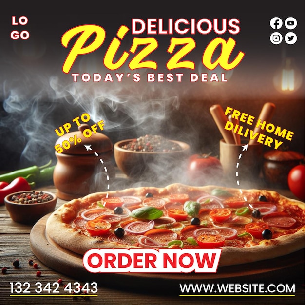 Food menu and delicious pizza social media banner template