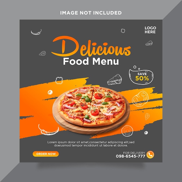 Food menu and delicious pizza social media post template Dark Yellow and Grey