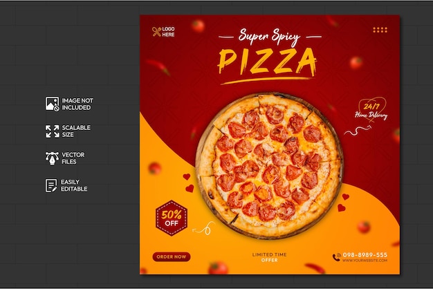 Menu del cibo e deliziosa pizza modello di post sui social media