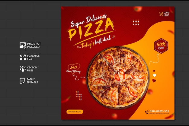 Menu del cibo e deliziosa pizza modello di post sui social media