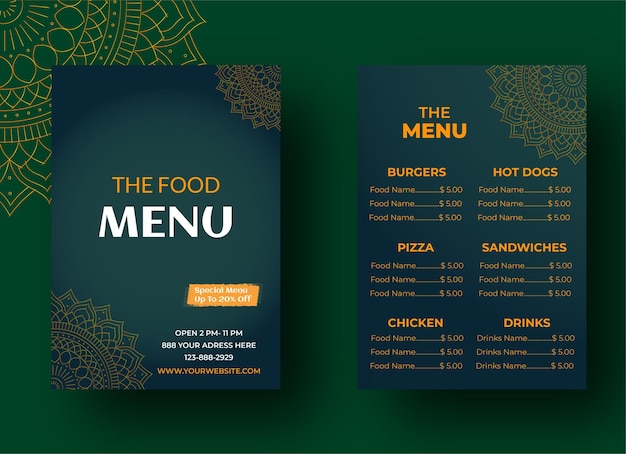 The Food Menu Design With Dark Green Background