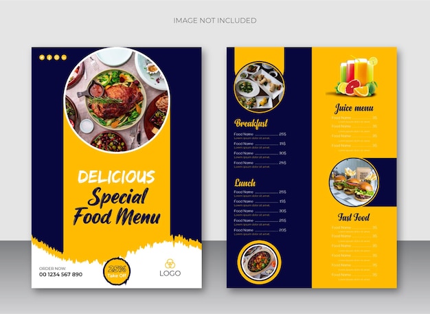 Food menu and double sided flyer design template for restaurant