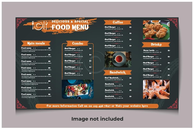 Volantino del menu del cibo per ristorante o caffetteria