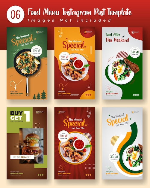 Menu di cibo design del pacchetto di modelli di post raccolta di storie di instagram