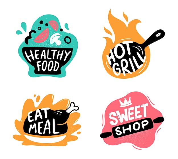 Food menu logotype Cooking labels with kitchen utensils and text Culinary badges for store with healthy food and sweet shop