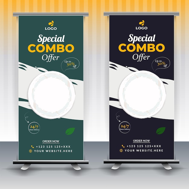 Vettore menu alimentare e ristorante moderno design di banner di cibo arrotolato