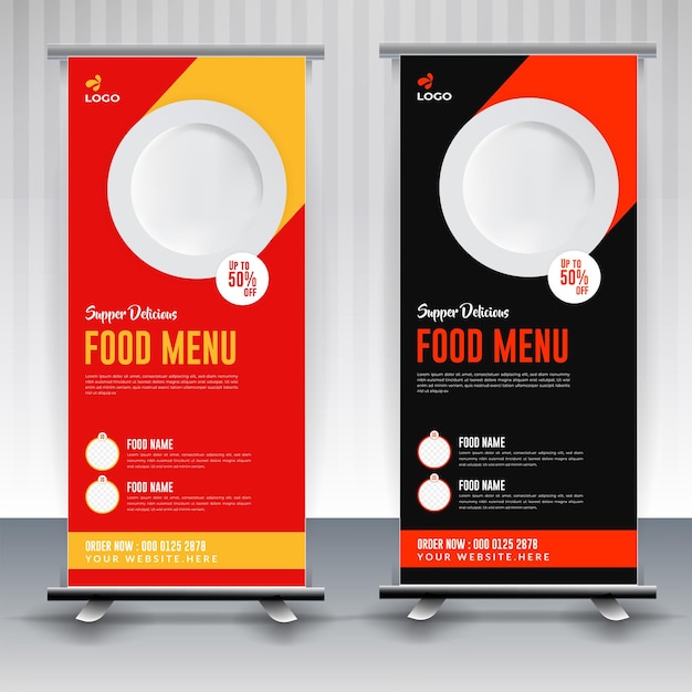 Vettore menu alimentare e ristorante moderno design di banner di cibo arrotolato